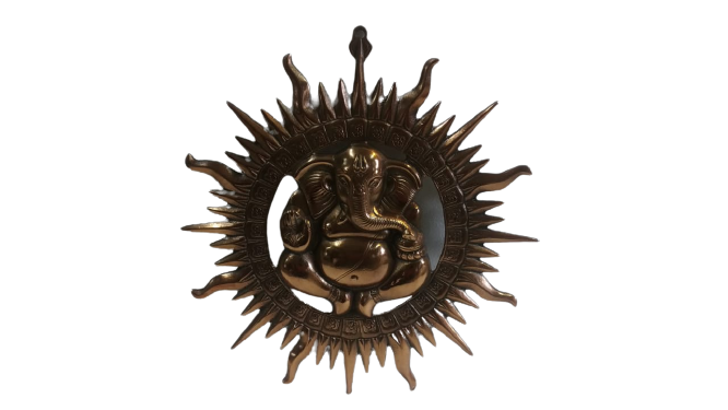 Black Metal Antique Wall Hanging Decor of Ganeshji W/ Base of Sun - 16"