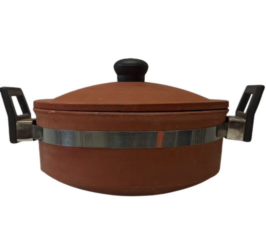 Natural Brown Earthen Clay Cooking n Serve Handi/Pot W/Lid n Handle - 6"