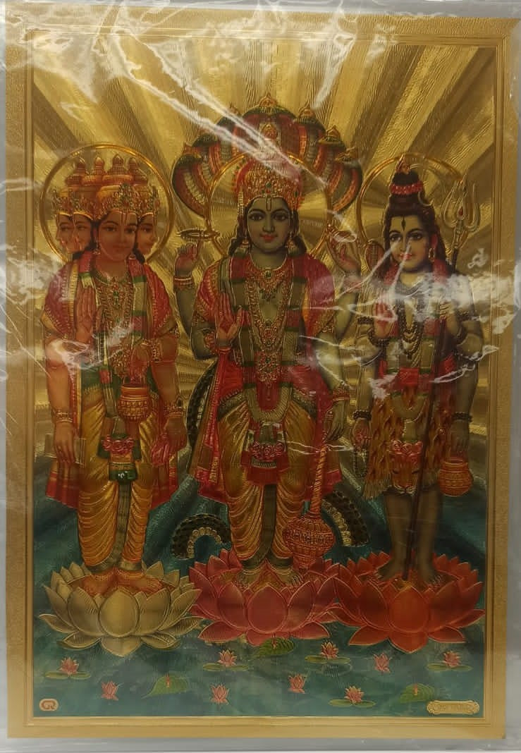 Actylic Frame on Golden Foil Paper of Brahma, Vishnu & Mahesh # 1 - 9 x 12"