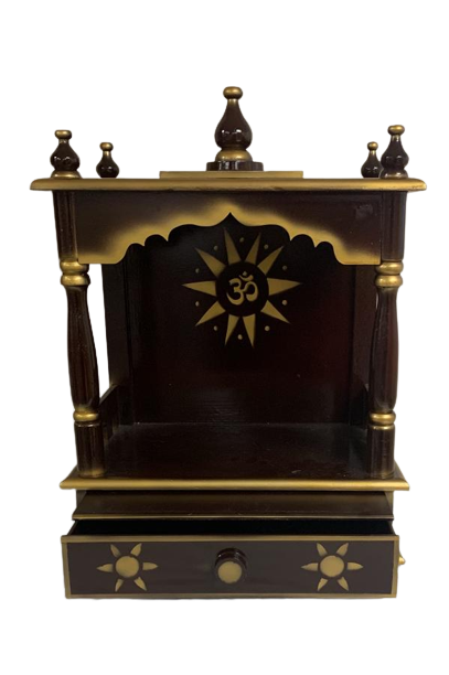 Traditional Small Wooden Mandir for Home in Dark Brown & Gold - 10"