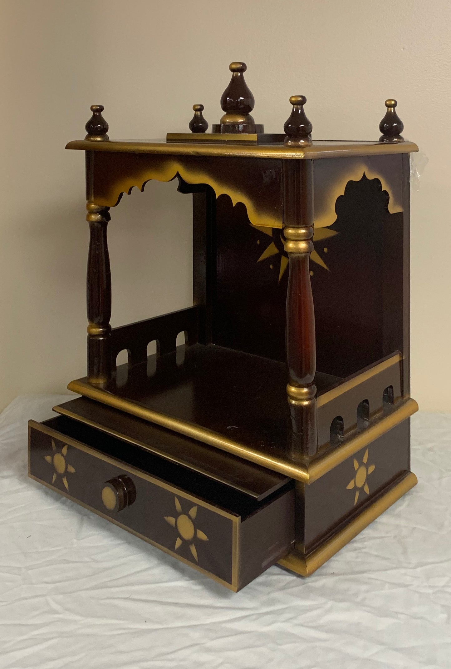 Traditional Small Wooden Mandir for Home in Dark Brown & Gold - 10"