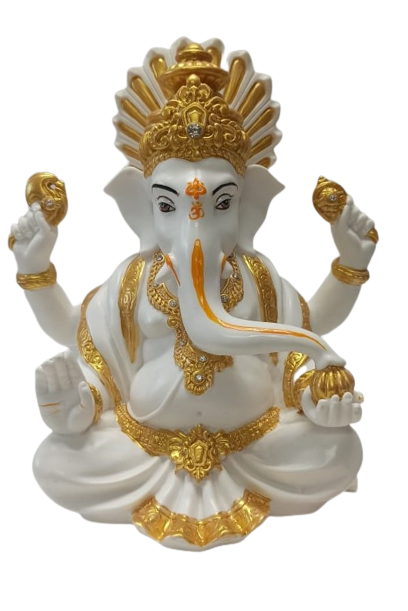 White Fiber in Marble Finishing Ganesh Statue W/ Golden Paint - 10"