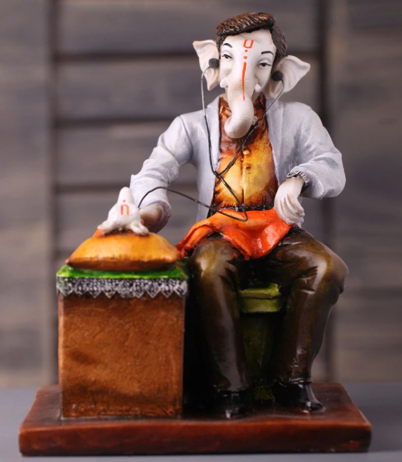 Beautiful & Colorful Doctor Lord Ganesh W/ Mouse Statue  - 10"