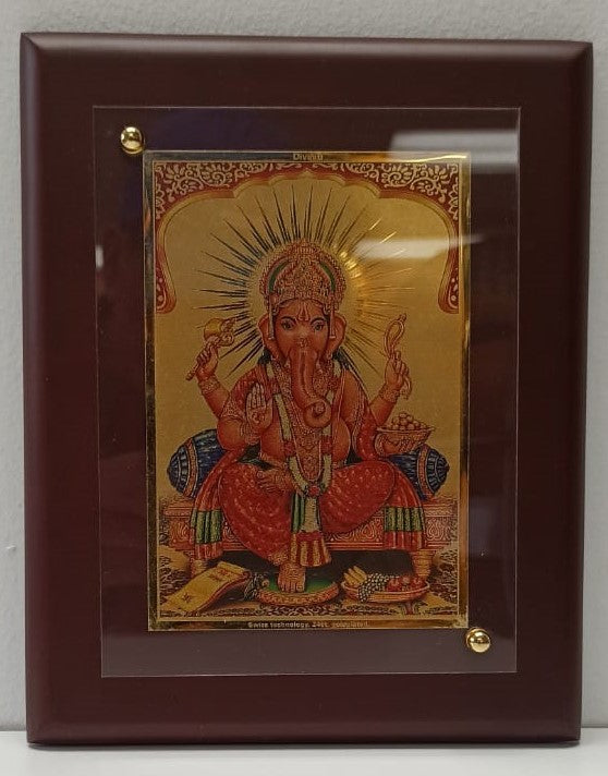 Gold Plated Foil Encased In An MDF Frame of Ganeshji # 1 - 6 x 8"