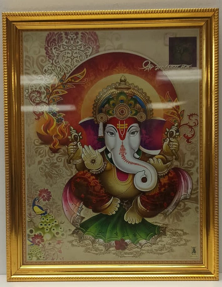 Golden Glass Photo Framed Picture of Ganeshji # 1 - 9 x 12"
