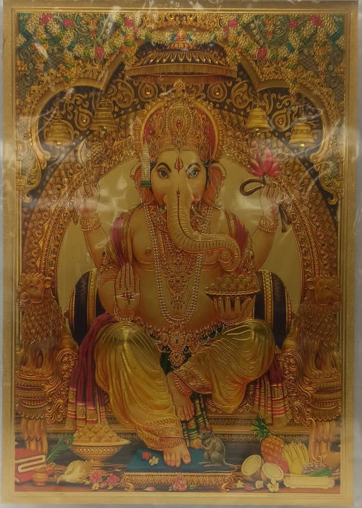 Acrylic Frame on Golden Foil Paper of Ganeshji # 4 - 9 x 12"