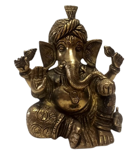 Brass Antique Finish Pagdi Ganesha Statue - 6"