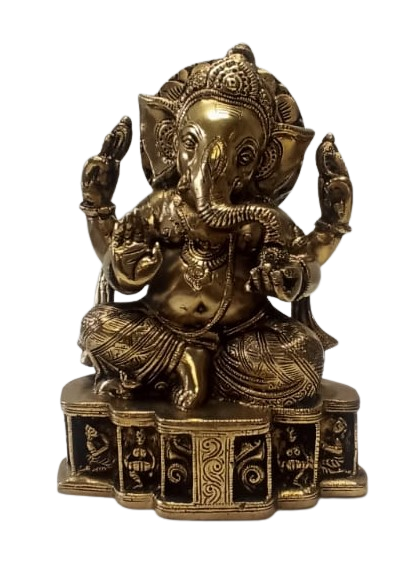 Brass Artistic Carved Ganesha Statue W/ Beautiful Carving Base - 9"