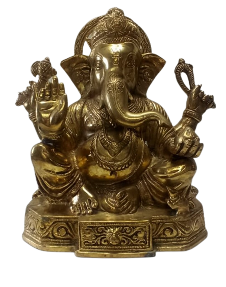 Brass Artistic Carved Ganesha Statue W/ Beautiful Base - 8.5"