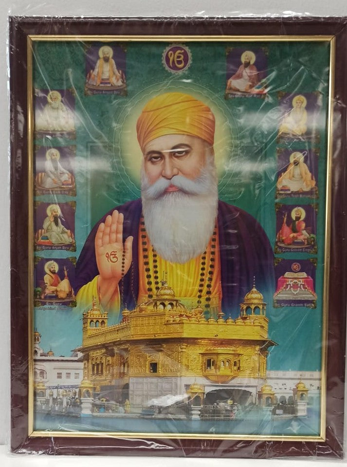 Brown & Golden Glass Photo Frame of Gurunanakji # 3 - 9 x 12"