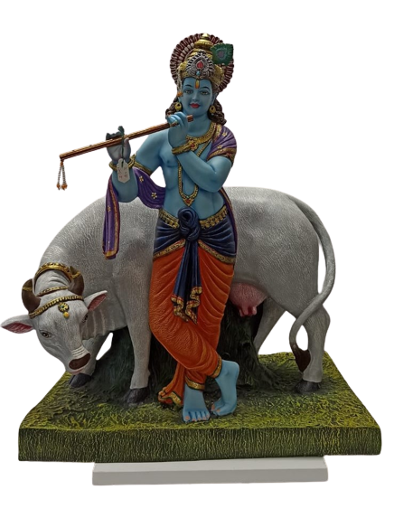 Beautiful & Colorful Statue of Krishna W/Cow - 21.5"