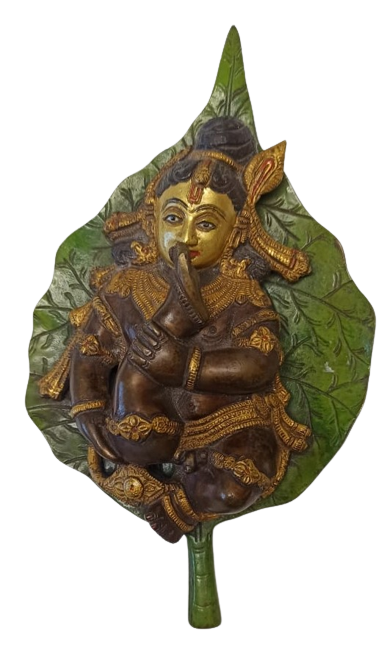 Brass Bal Krishna On Peepal Leaf Wall Hanging - 2.5"