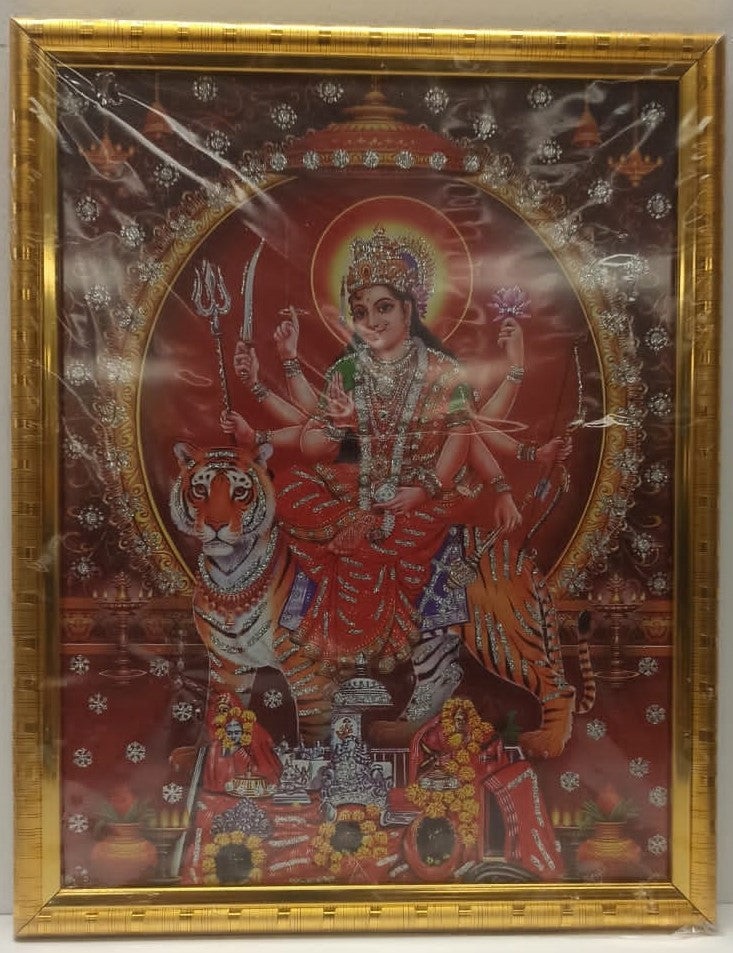 Golden Glass Photo Framed Picture of Maa Durga # 1 - 9 x 12"