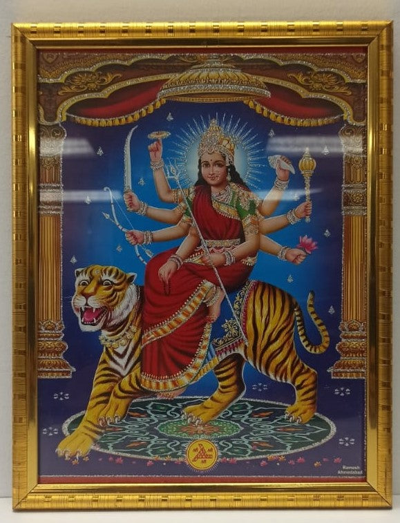 Golden Glass Photo Framed Picture of Maa Durga # 2 - 9 x 12"