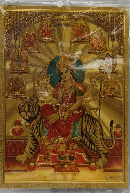 Acrylic Frame on Golden Foil Paper of Maa Durga # 4 - 9 x 12"