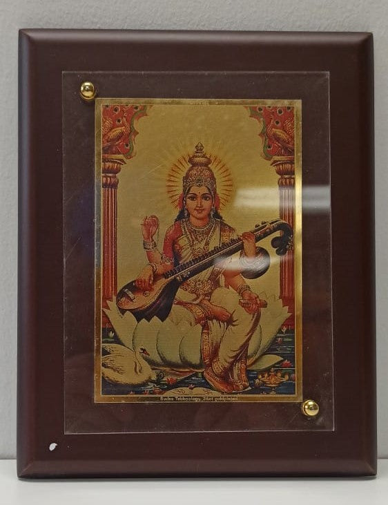 Gold Plated Foil Encased In An MDF Frame of Maa Saraswatiji # 1 - 6 x 8"