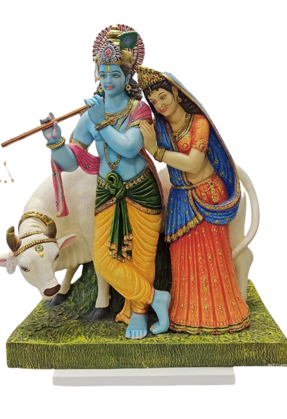 Beautiful & Colorful Statue of Radha Krishna W/Cow - 25"