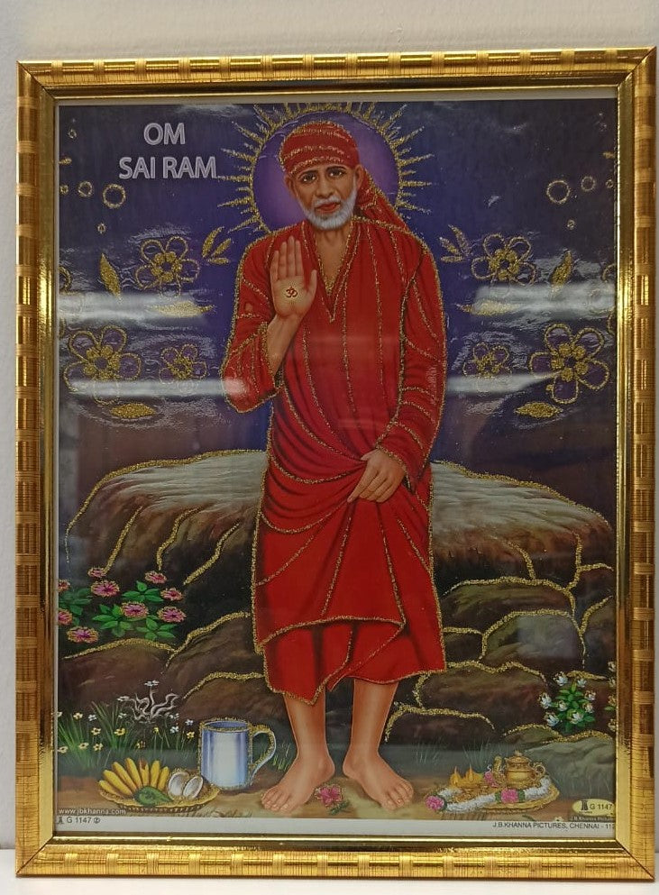 Golden Glass Photo Framed Picture of Sai Baba # 1 - 9 x 12"