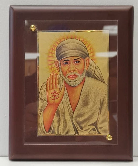 Gold Plated Foil Encased In An MDF Frame of Sai Baba # 1 - 6 x 8"