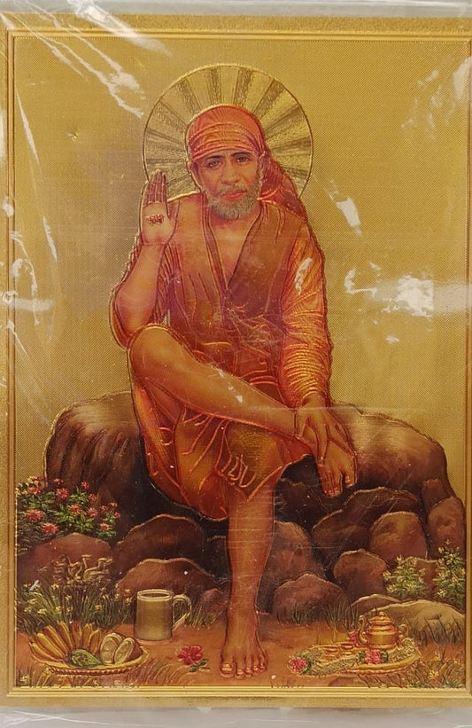 Acrylic Frame on Golden Foil Paper of Sai Baba # 3 - 9 x 12"