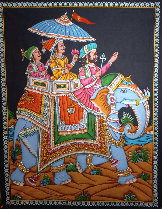 Vibrant Indian Wall Hanging with 3 Royals on Elephant - 32" x 41"