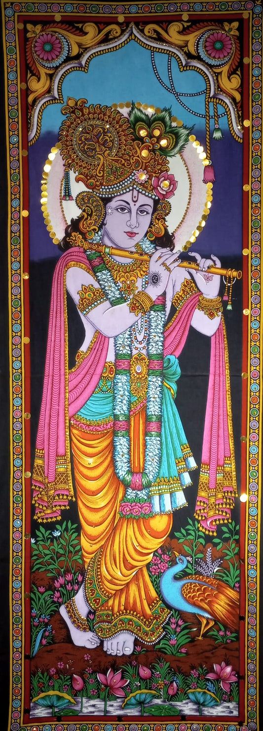 Vibrant Indian Wall Hanging of Lord Krishna - 20" x 59" inches