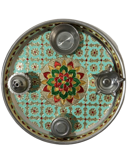 Turquoise Green Aarti Thali with Golden Flower Design - 8"