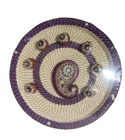 Beautiful Aarti Thali with Cream Base (2 Colors - Purple & Green) - 10.75"