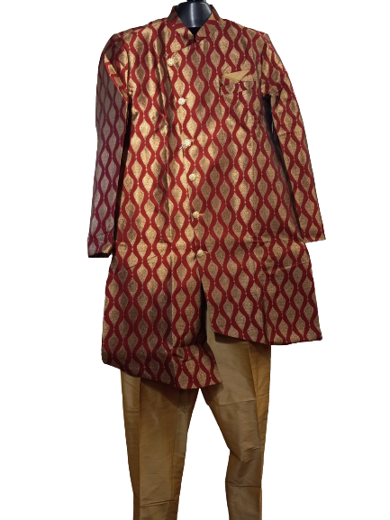 Traditional Indian Sherwani for Men - Red with Gold Waves