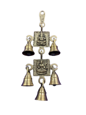 Brass Made Antique Wall Hanging Decor of Lakshmiji & Ganeshji w/ Bells 9"