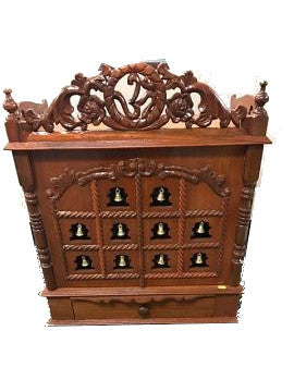 Light Brown Wooden Puja Mandir for Home w/ Carving & Bells on Doors - 21"